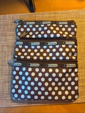 Lesportsac Brown and Blue Polka Dot Triple Zip Bag